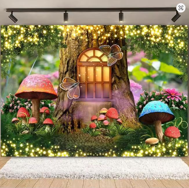 Fantasy Wonderland Jungle Mushroom House Fairy Tale Magic Photography Background Children's Birthday Party Decoration Background