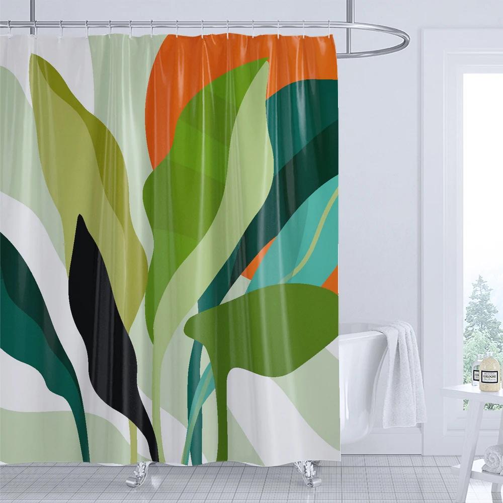 Green Leaf Art Abstract Plants Shower Curtain Print Modern Nordic Minimalist Polyster Home Decor Bathroom Curtain with Hooks