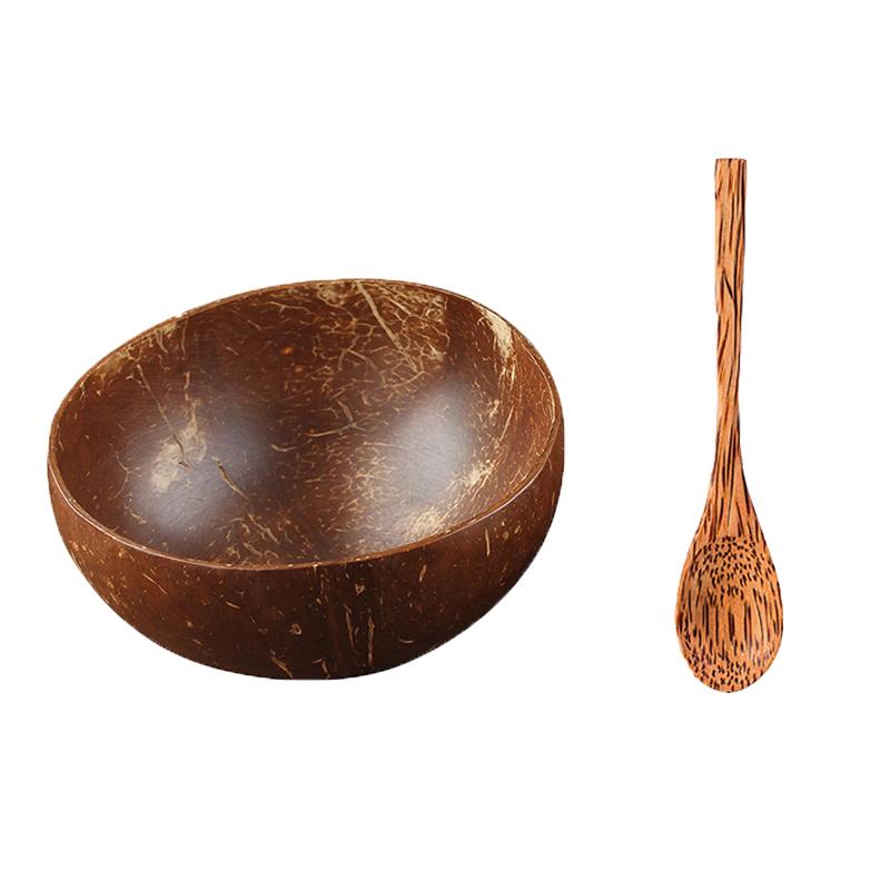 Coconut Bowl Set Natural Handmade Coconut Shell Tableware Wood Spoon Dessert Fruit Salad Mixing Rice Ramen Wooden Bamboo Bowl