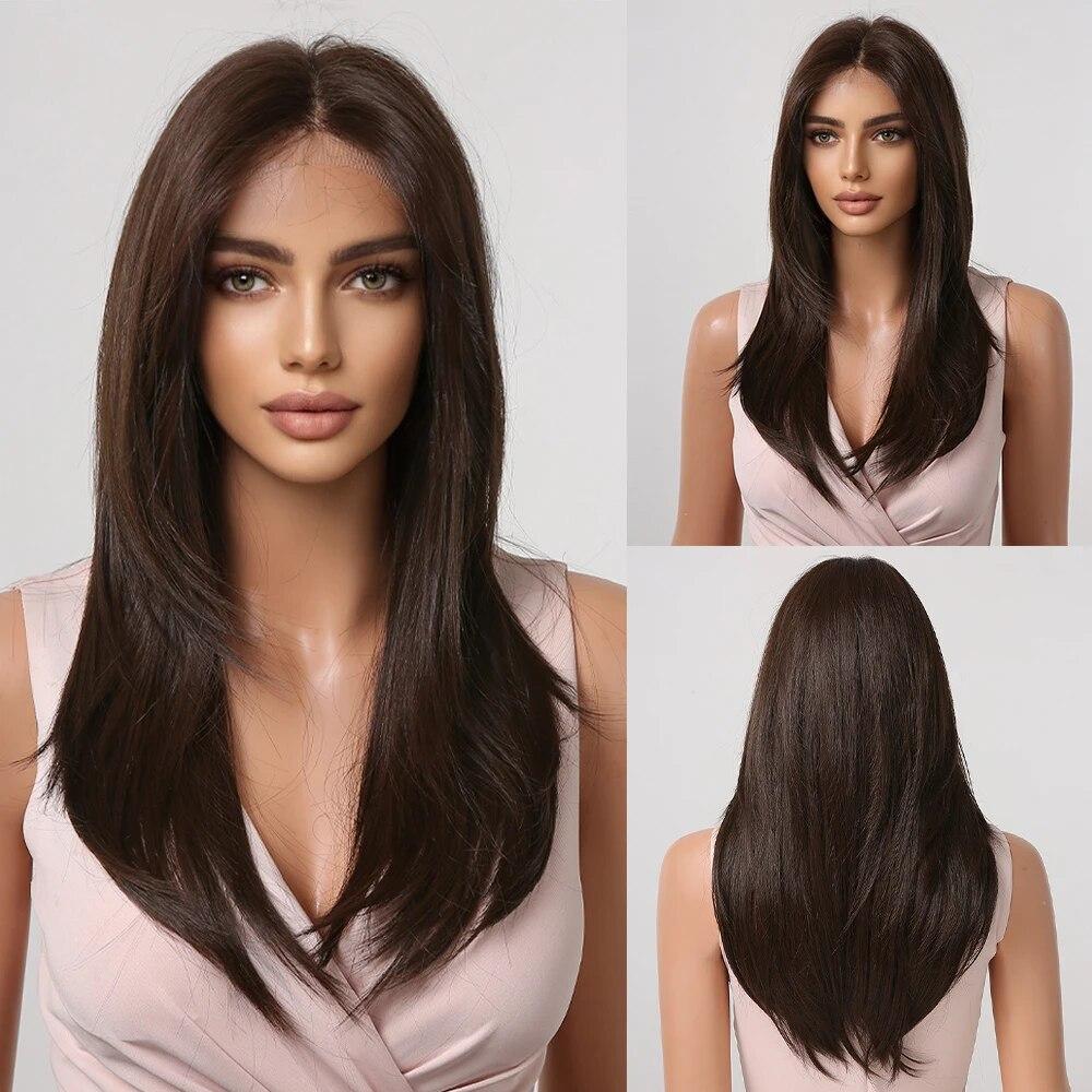ALAN EATON Hellbraune gerade Lace-Front-Perücken, Mittelscheitel, Ombre-Blonde Spitze, synthetische Perücke, natürlicher Haaransatz, hitzebeständig