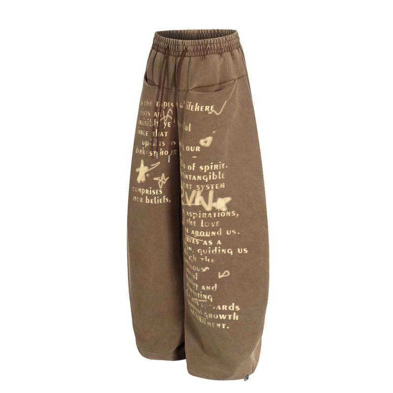 Mens Loose Wide-Leg Sweatpants Letter Print Streetwear Vintage Casual Pants