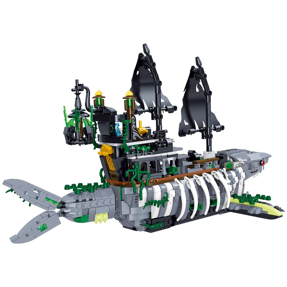 Ghost Sea Shark Pirate Ship Building Blocks Toys - Integrated Skeleton Shark and Pirate Ghost Ship LED - Lit for Thrilling