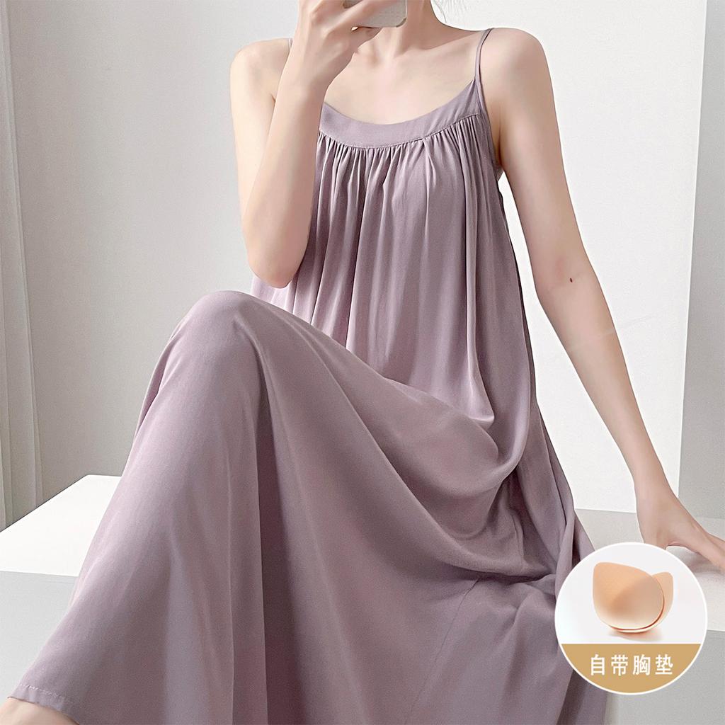 Summer cotton and silk suspender nightgown women's sleeveless chest pad can be worn outside loungewear anti-bumping artificial cotton dress