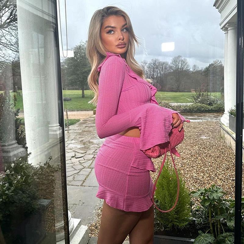 Módní koláž volánový rozparek top s dlouhým rukávem sexy ultra krátký bokový suknový oblek