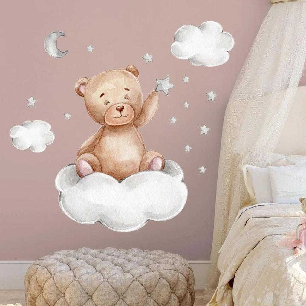 Funy Cute Bear Wall Stickers Cartoon Animals Flying Stars Cloud for Nursery Home Decor Art Kids Room Decal PVC Removable Posters