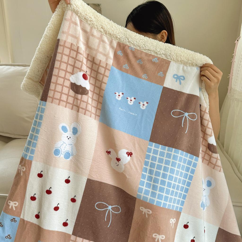 Cartoon Puppy Faux Lambs Wool Blanket Double Layer Thick Warm Fleece Throw Blanket for Sofa Bed Spring Autumn Soft Plush Blanket