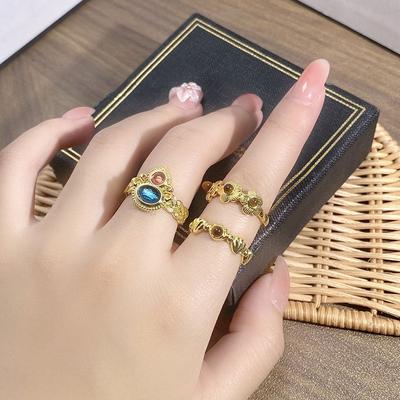Medieval Imitation Tiger'S Eye Stone Flower Personalized Retro Opening Ring Niche High-End Light Luxury Personalized Ring Woman
