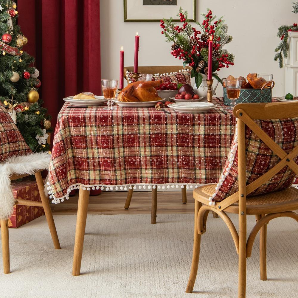 Christmas Tablecloth Decorations with Pom Poms Cotton Linen Snowflake Table Mat for Western Dining Table