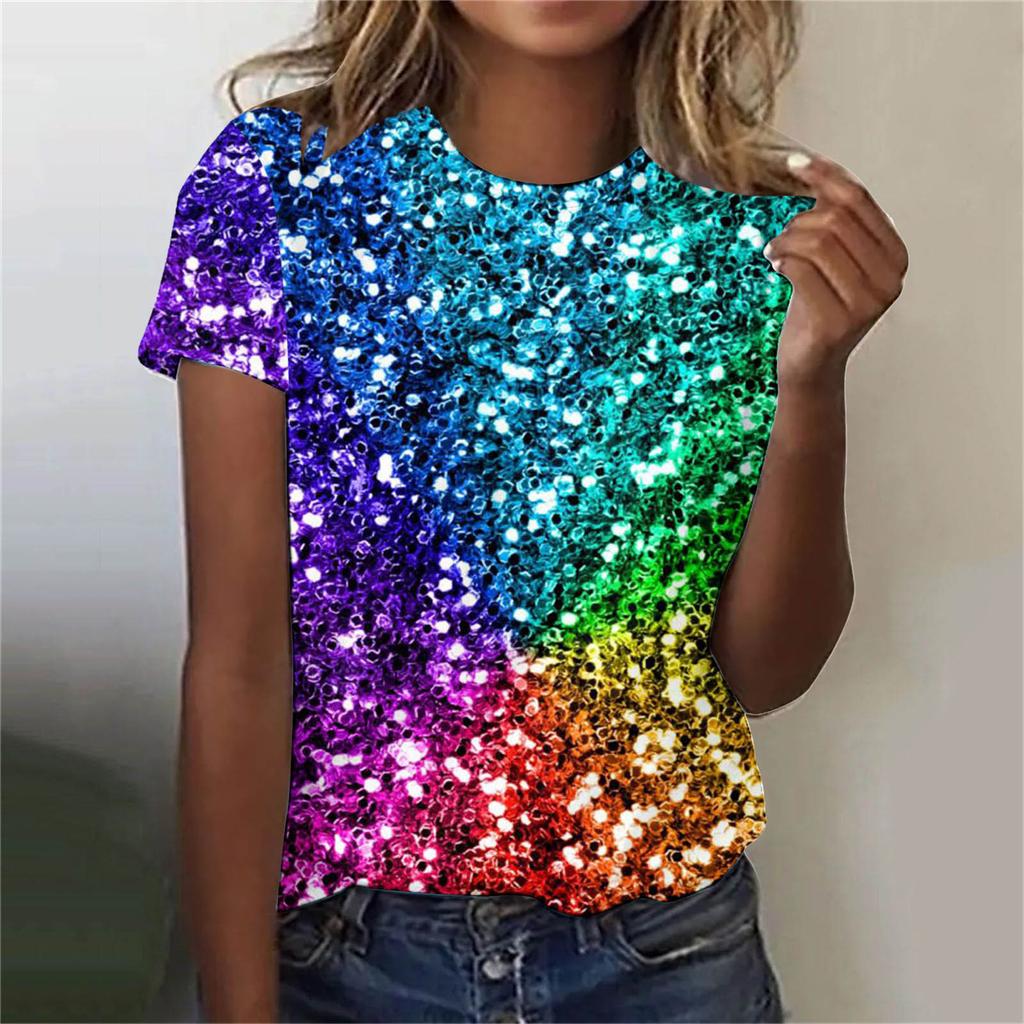 3D Printed Colorful Round Neck Short Sleeved Women's T-shirts