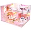 Moin Moin 1/24 Dollhouse Miniature DIY Kit Modern Pink Flower Room with LED Light and Acrylic Case