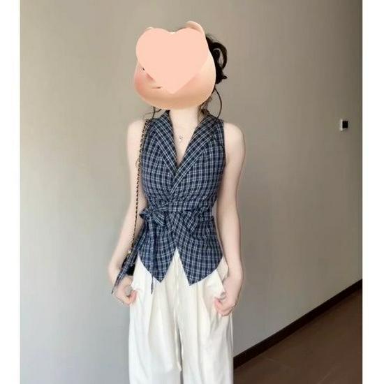 

Women s Slim Fit Blue Plaid V-Neck Bow Tie Sleeveless Vest XL