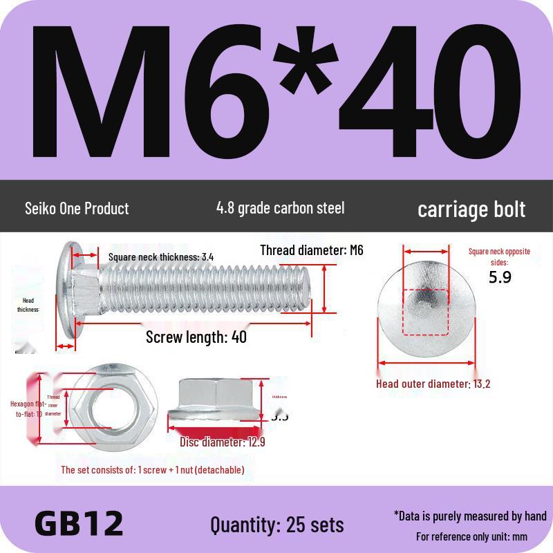 Galvanized Semicircular Head Square Neck Bolt & Nut Set for Cable Tray (Sizes: M4-M12)