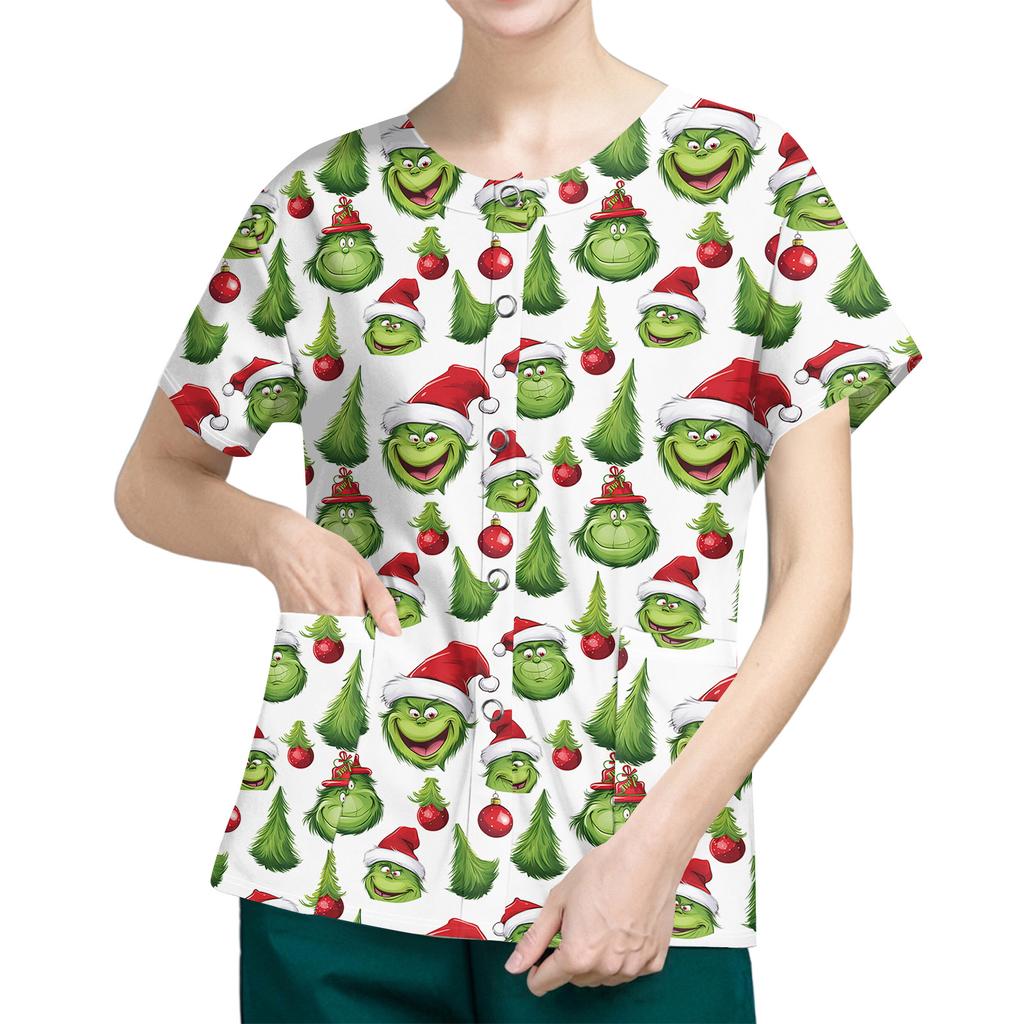 Women's Short Sleeved Patterned Pockets, Work Print Stand Up Collar, Single Breasted Protective Clothing, Cardigan Jacket, Top