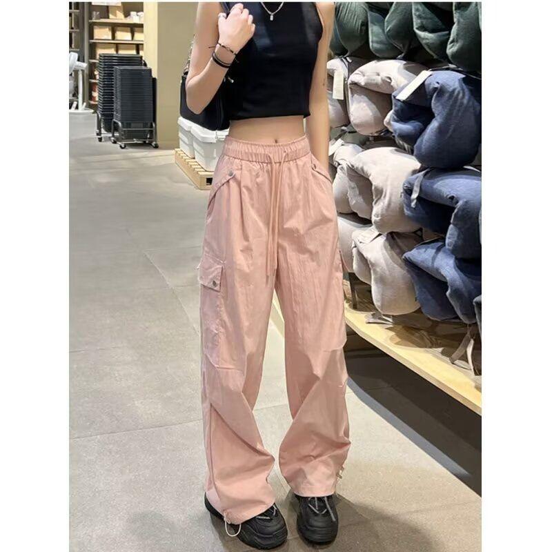 Women's White Ice Silk High-Waist Wide-Leg Cargo Pants - Summer 2025, Slimming, Quick-Dry Style