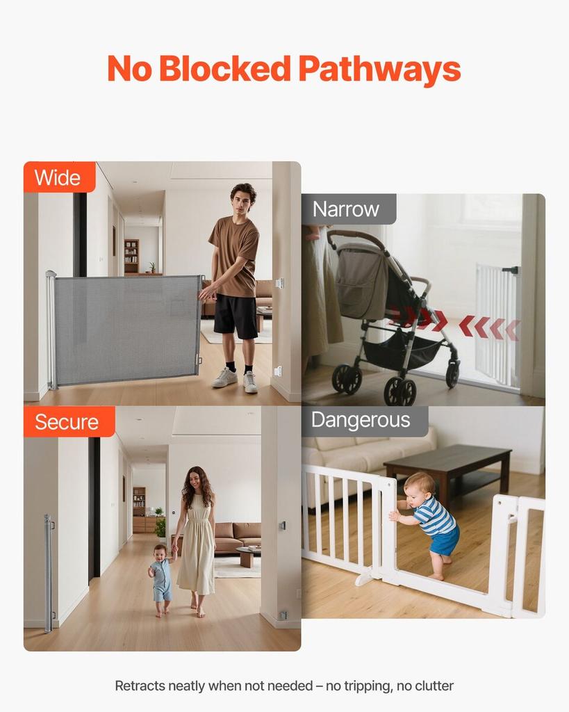 Retractable Baby Gate, Extends to 1450 mm Wide, 980 mm Tall, with Security Lock, Easy to Use, Walk Through Without Tripping, Mesh Dog Gate for Stairs,
