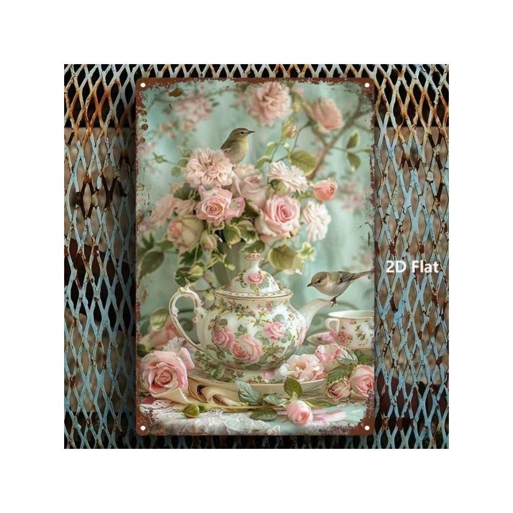 Vintage Metal Wall Art Teapot with Rose Decor Waterproof Home Decor