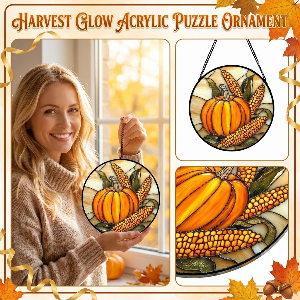 Round Stained Glass Hanging Ornament with Pumpkin and Corn Design for Window Decoration Indoor Outdoor Use