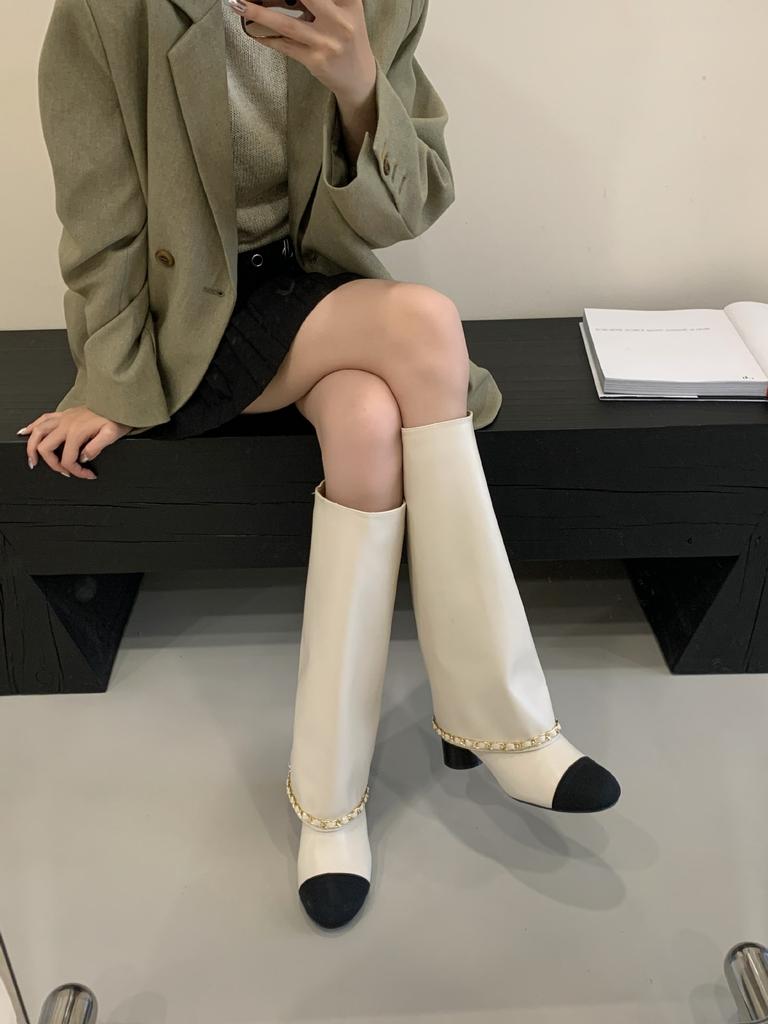 Premium Xiaoxiangfeng Apricot Black Splicing Thick Heel Pants Boots Women's 2025 Autumn Knight High Boots But Knee Boots