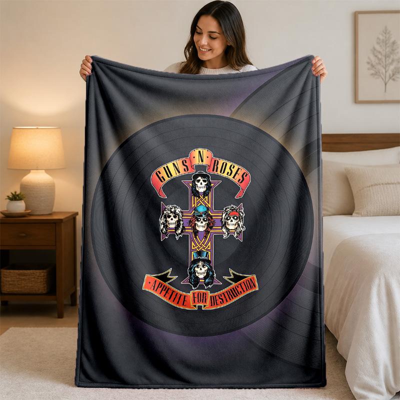Guns N’ Roses Print Flannel Blanket Cozy Lightweight Plush Throw Blanket For Bed Sofa Household Use