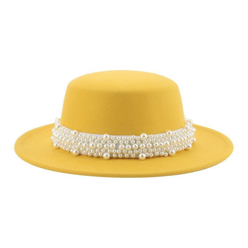 Top Hat Short Brim Hepburn Style British Style Small Round Tibetan High-end Jazz Hat Versatile Flat Top Felt Hat Pearl Premium New
