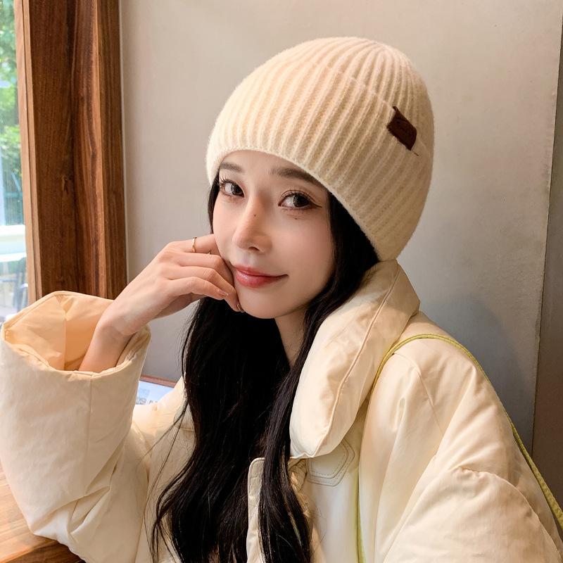 Hat Female Alphabet Leather Label Knitted Wool Hat Winter Warm Student Pullover Hat Thick