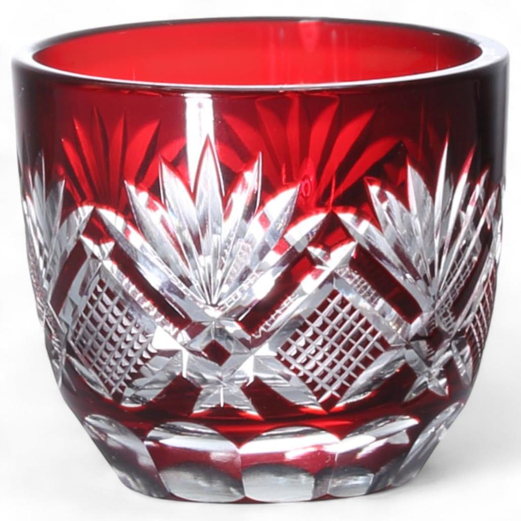 Mizukage Kiriko Glass Sake 60mm Diameter x 50mm Flower and Arrow Current Model J-kitchens Cup, Cup, Height, 70cc, Design, Red, Bisho,