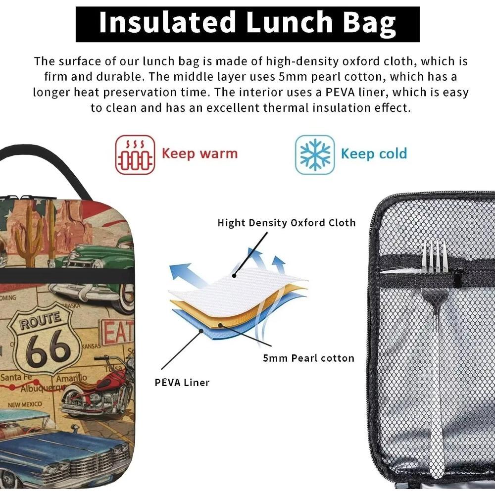 American Vintage Route 66 Insulated Lunch Bag for Men Women Reusable Thermal Lunch Box Bento Tote with Adjustable Shoulder Strap