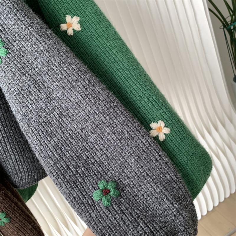 Γυναικείο Ρετρό Κεντημένο Φλοράλ Πουλόβερ για Φθινόπωρο και Χειμώνα, Χαλαρό και Άνετο Στυλ, Υψηλής Ποιότητας Κορεατικό Πλεκτό