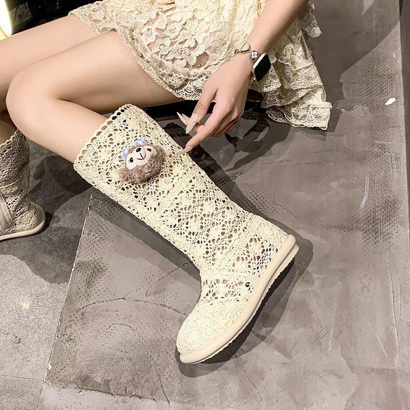 Fashion Thin Breathable Flat Bottom Women's Martin Boots 2025 Spring and Summer New French Hollow Long and Short Boots Children