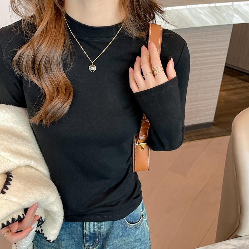 High-End Solid Color Long Sleeve Top for Women with Design Sense Suitable for Spring Autumn Winter Versatile Inner Wear Base Layer