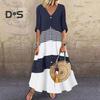 Sommer Maxikleid Kontrastfarbenes Maxikleid Gestreift Einreihig A-Linie Großer Schwung Kurzarm Patchworkkleid