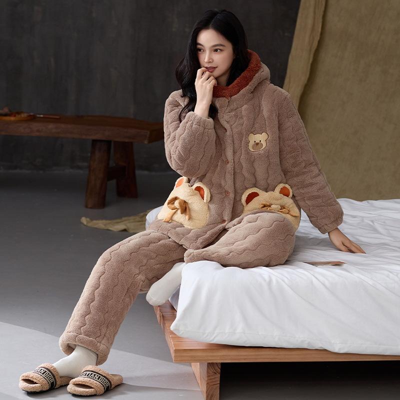 Winter three-layer padded coral fleece pajamas women's winter thickened hooded warm flannel cartoon loungewear women's