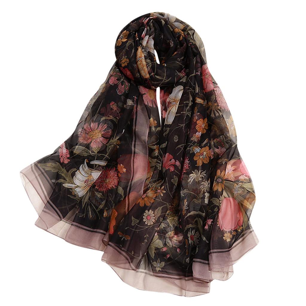 Fashion Women Flower Print Long Soft Wrap Scarf Simulation Silk Shawl Scarves