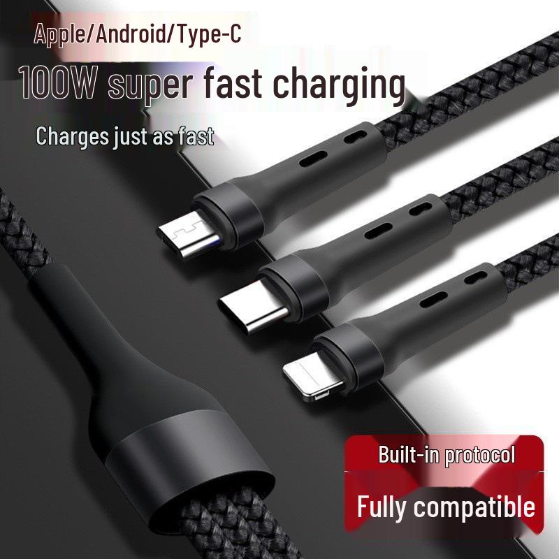PD100W 3-in-1 Fast Charging Cable for iPhone 15, Android, and LeEco Devices