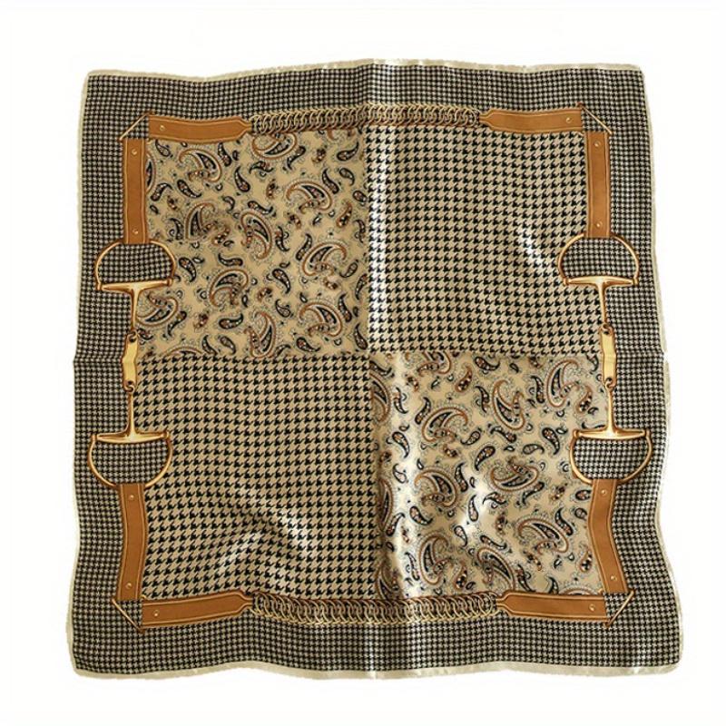 26.77" Paisley Houndstooth Printed Square Scarf Coffee Color Thin Smooth Neck Scarf Vintage Style Sunscreen Headscarf For Women
