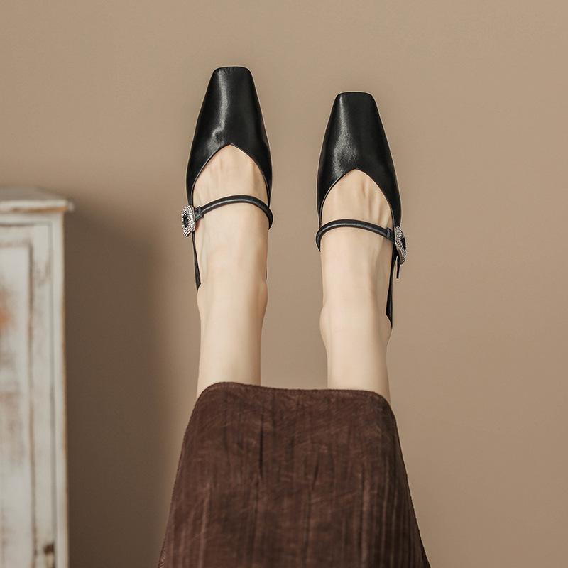 H759-6 silver Mary Jane high heels small fragrant satin word with square head thick heel women's shoes rhinestone spring and summer