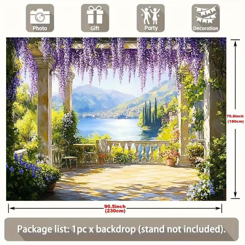 Wisteria Garden Balcony Tapestry, Lake Como Inspired Scenery with Purple Flowers for Living Room