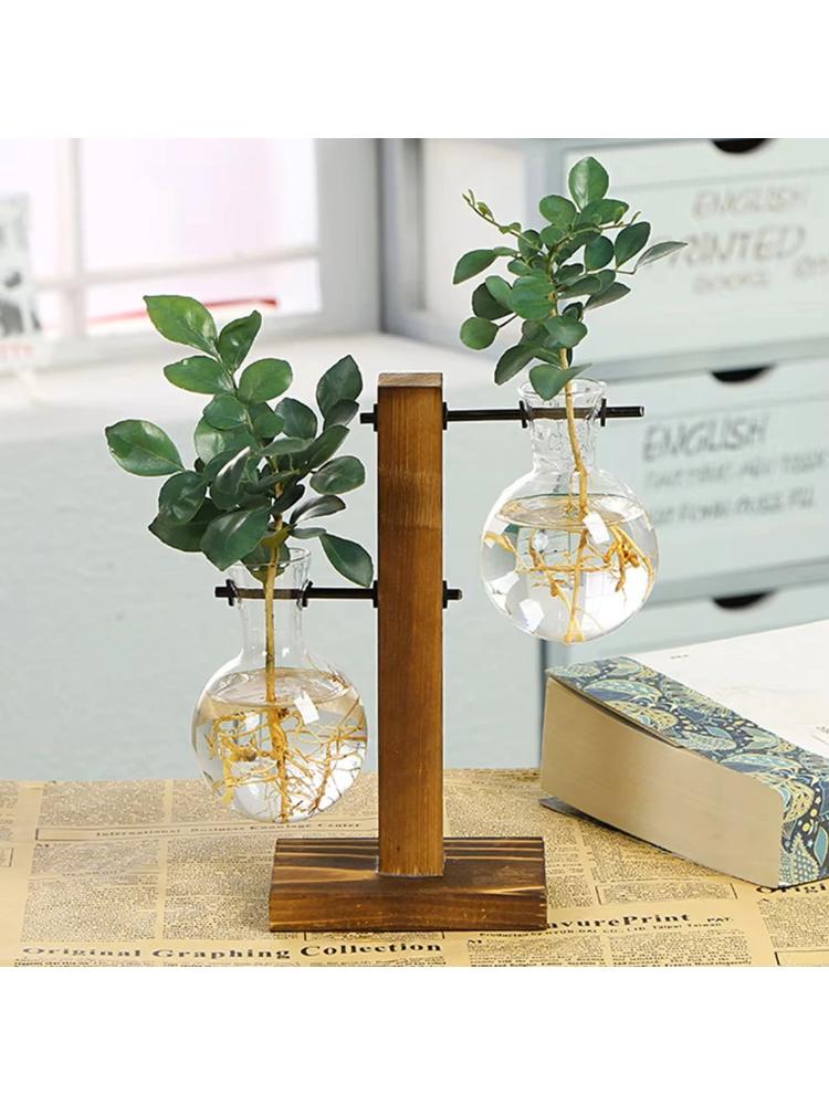 Glass Vase Hydroponic Plant Container Desktop Planter Wooden Vase Stand Bulb Water Planting Propagation Flower Vase Planters