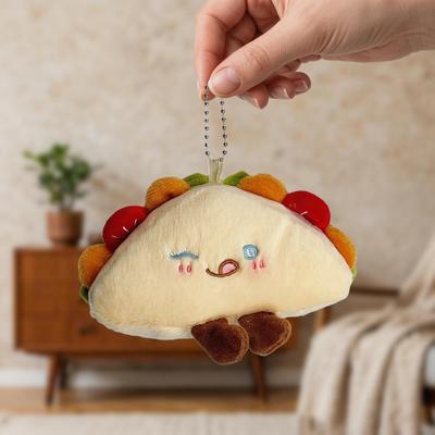 Keychain Pendant Compact Size Plush Taco Shape Soft Velvet Playful Expression Keychain Bag Key Accessory with Bead Chain Clasp