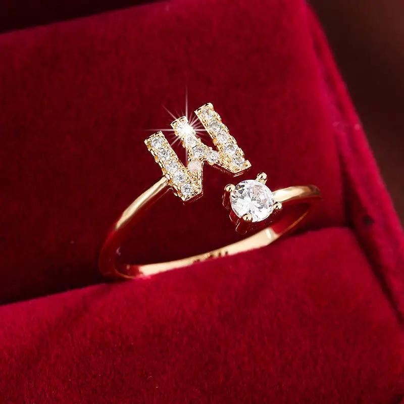 26 English Letter Micro-set Zircon Fashion Women's Ring, Copper-plated 14K Open Plain Ring