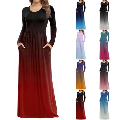 Women's Fashion Casual Print Round Neck Long Sleeve Extra Long Dress With Pockets