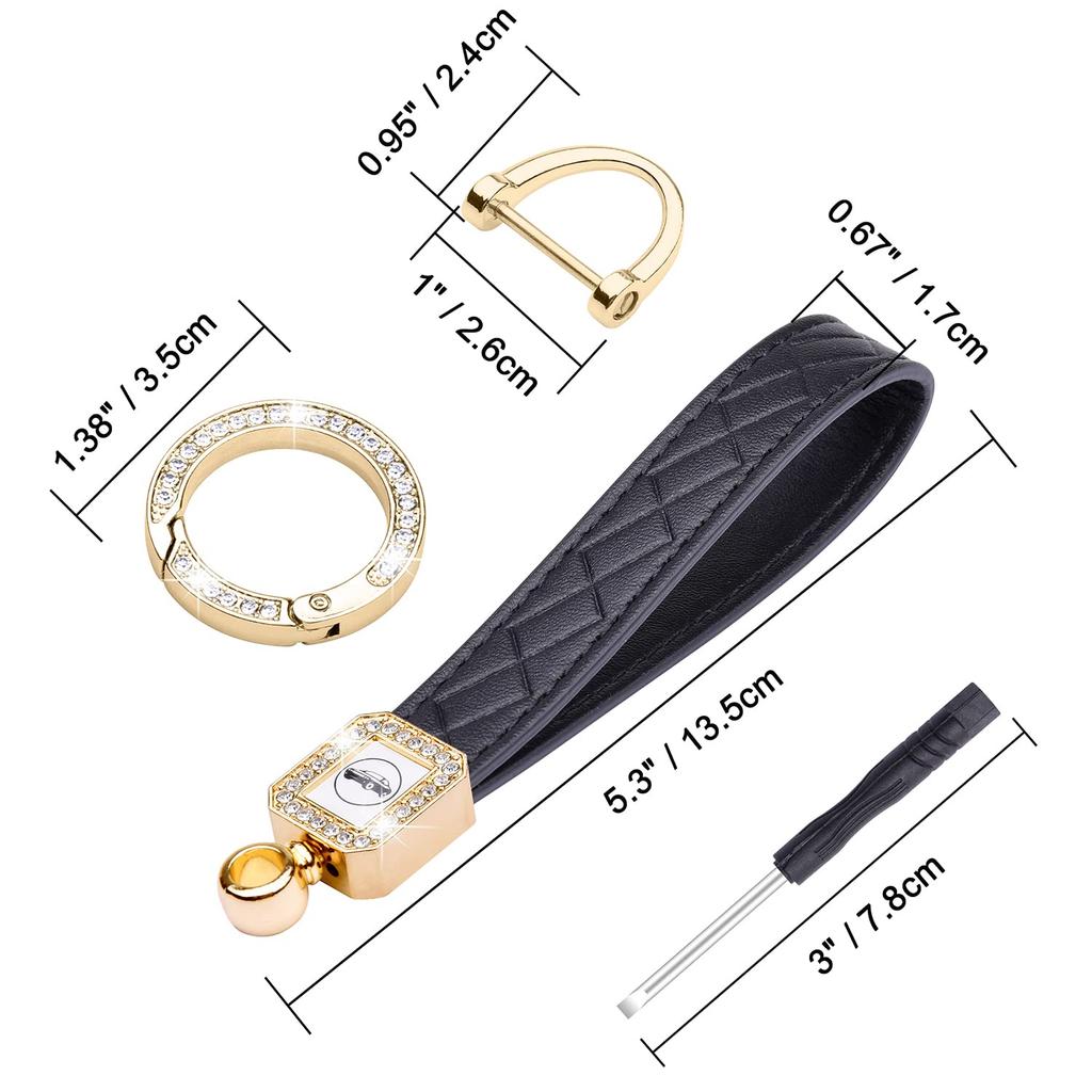 Wisdompro Car Key Key Chain, Sparkling Carabiner, PU Leather, Smart Key, Anti-Lost, Stylish, Cute, Women's, Black