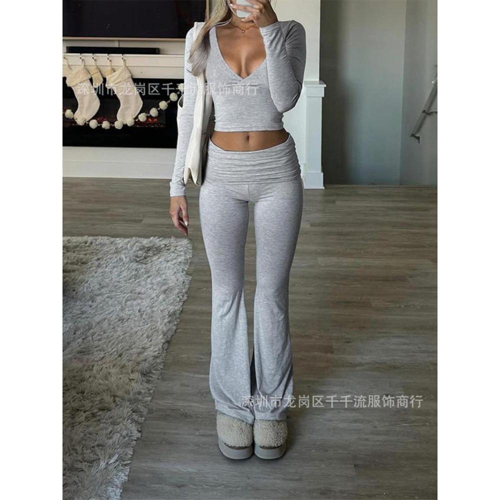 Women's V Neck Long Sleeve Crop Top High Waist Flare Pants 2 Piece Lounge Set