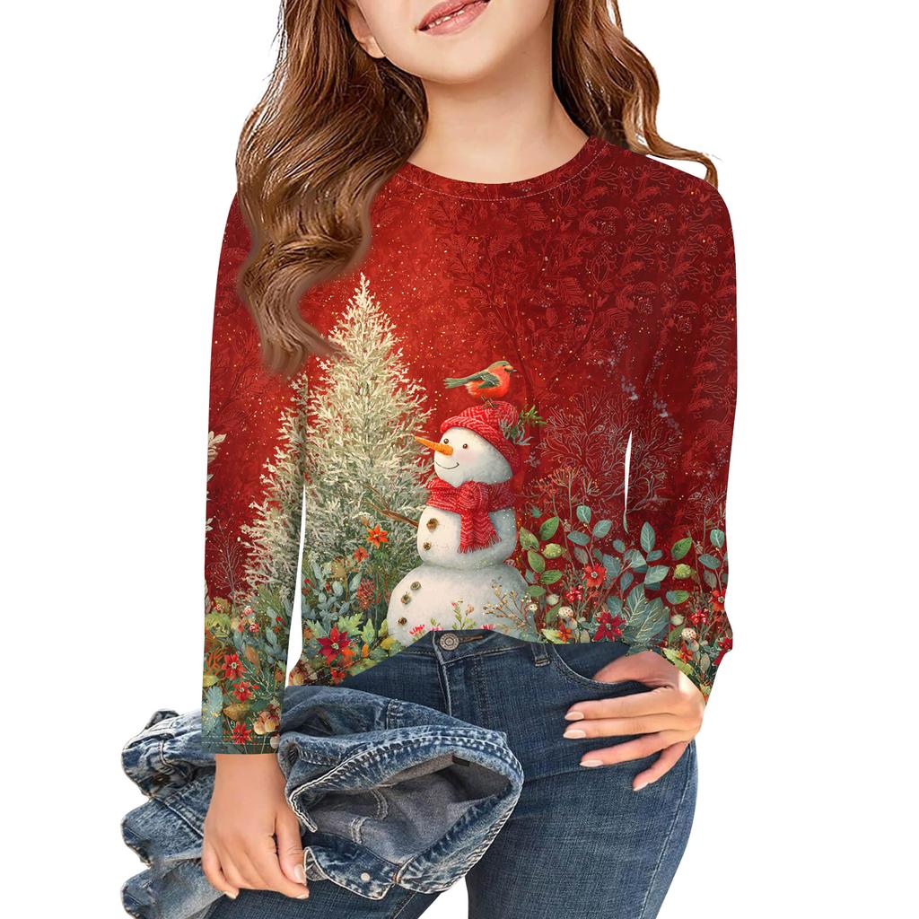 Christmas Day Girls Long Sleeve T Shirts Kids Fall Tops Crewneck Printed Basic Tees