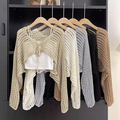 Women Tops Loose Fit Casual Knitted Blouse Solid Color Hollow Design Lace-up Summer Sun Protection Short Blouse