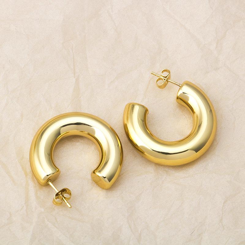Fashion Thick Round C Shape Chunky Hoop Earrings Women Glossy Circle Gold  Color Steel Needle Stud Huggie Earrings Jewelry
