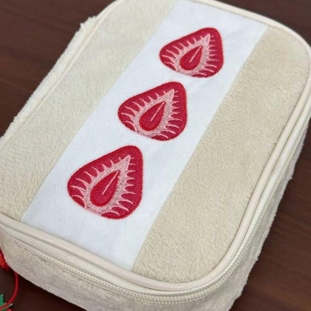 Kawaii Fuzzy Pen Bag Cute Embroidered Multi-functional Makeup Bag Strawberry Sandwich Stationery Pouch Studennts