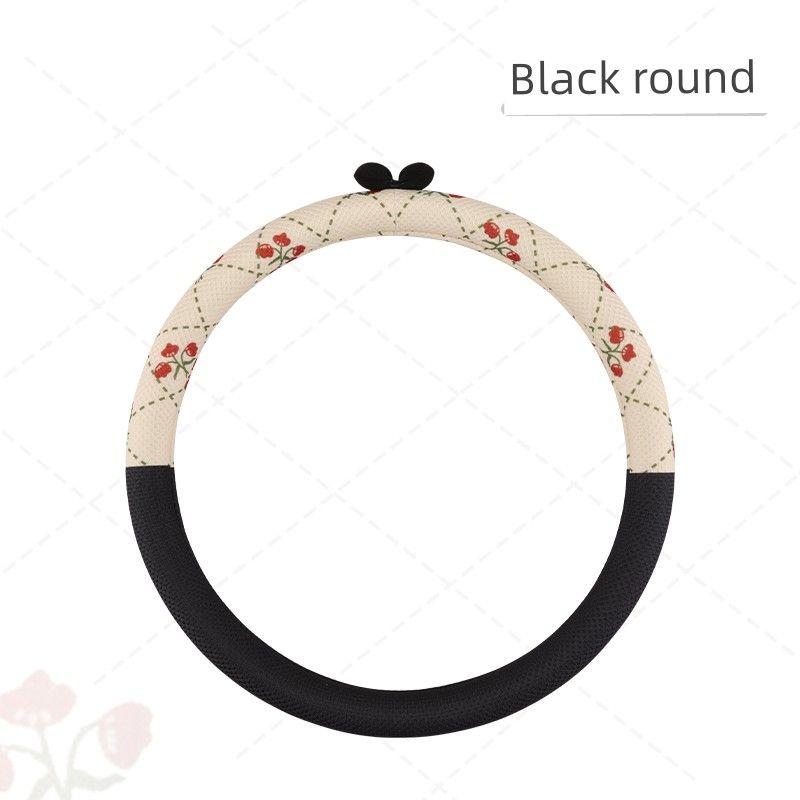 

Car Steering Wheel Cover Fabric Sweat-Absorbent Non Slip Ladies Universal Grip Cover Suitable for Four Seasons Cute Summer Breathable Simple Creative Small Flower Bow-Black Version (Round Version)