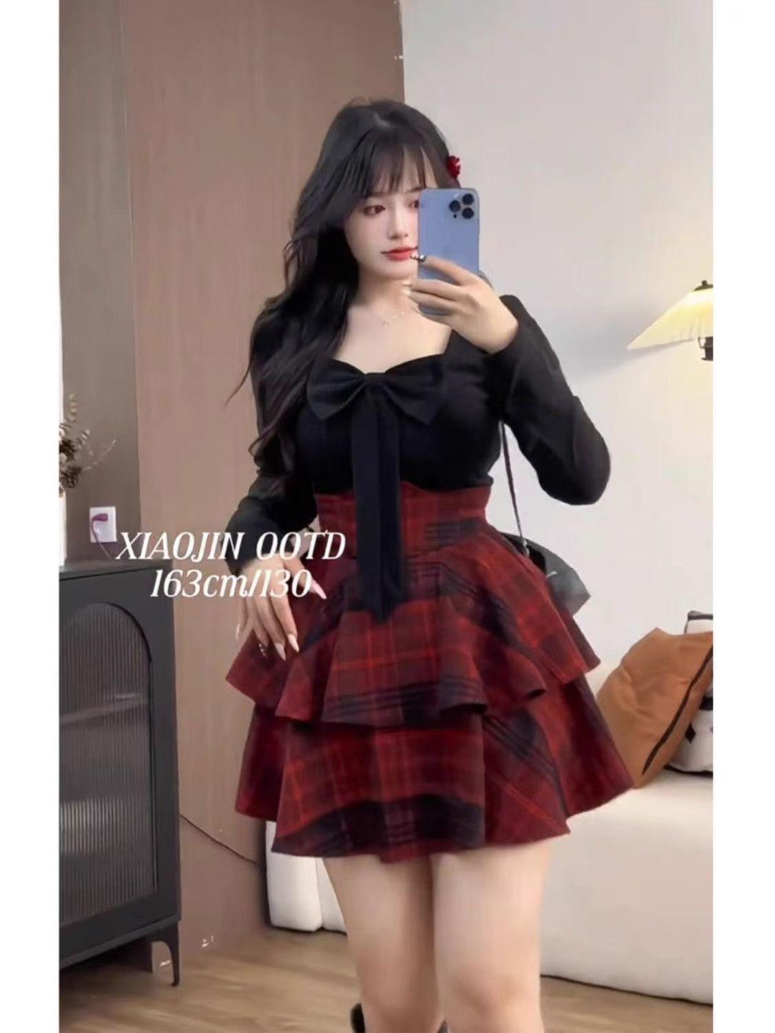 

Korean-Style Plus Size Autumn/Winter Fishbone Shirt & Plaid High-Waisted Skirt Two-Piece Set for Women XL (115-130 jin)
