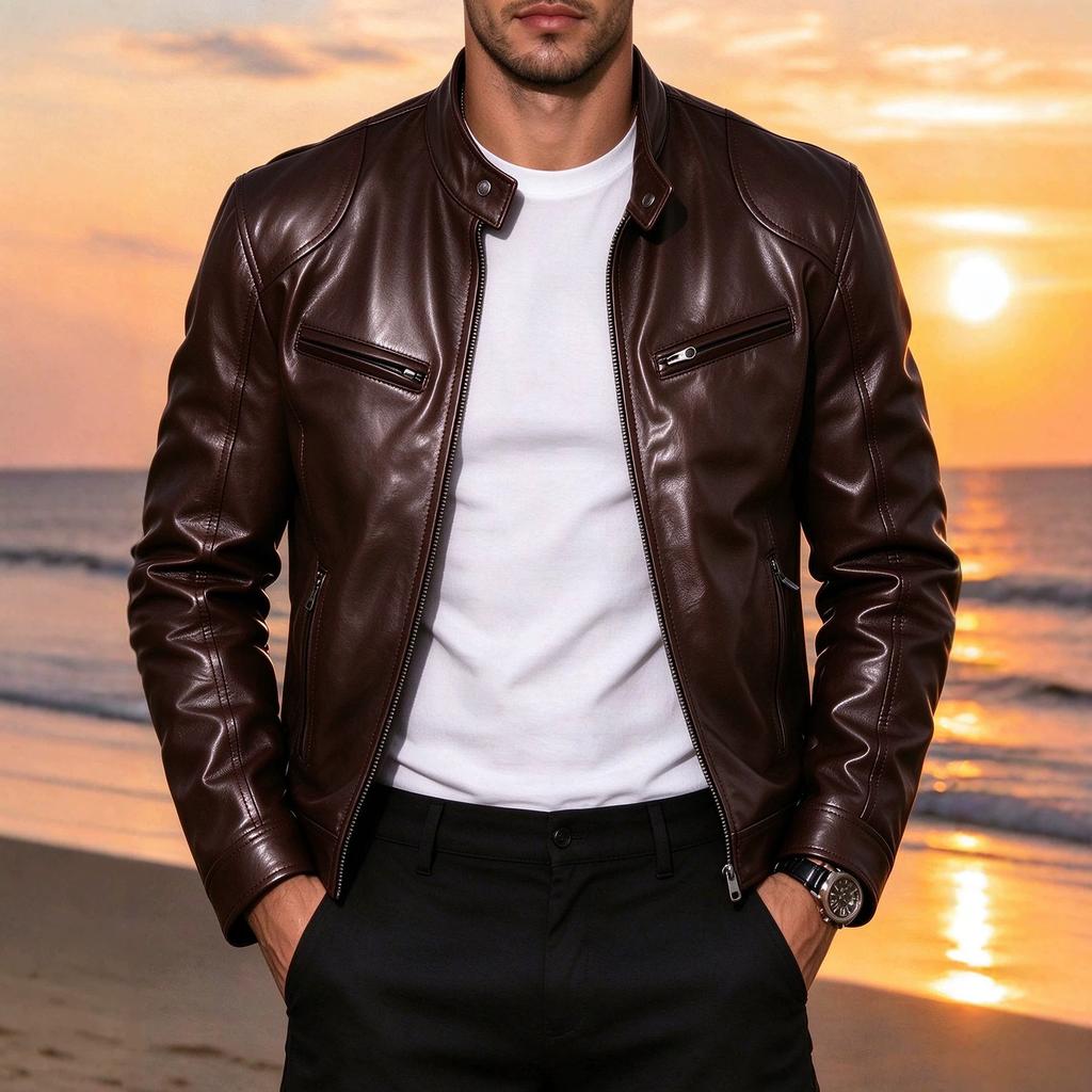 Men's slim stand-up collar PU leather jacket spring and autumn new motorcycle jacket multi-color fashion casual jacket leather jacket